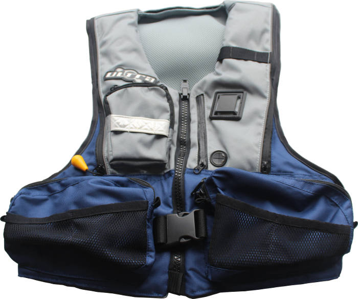 Utra Inflatable Fisher PFD vest has a front-opening zip
